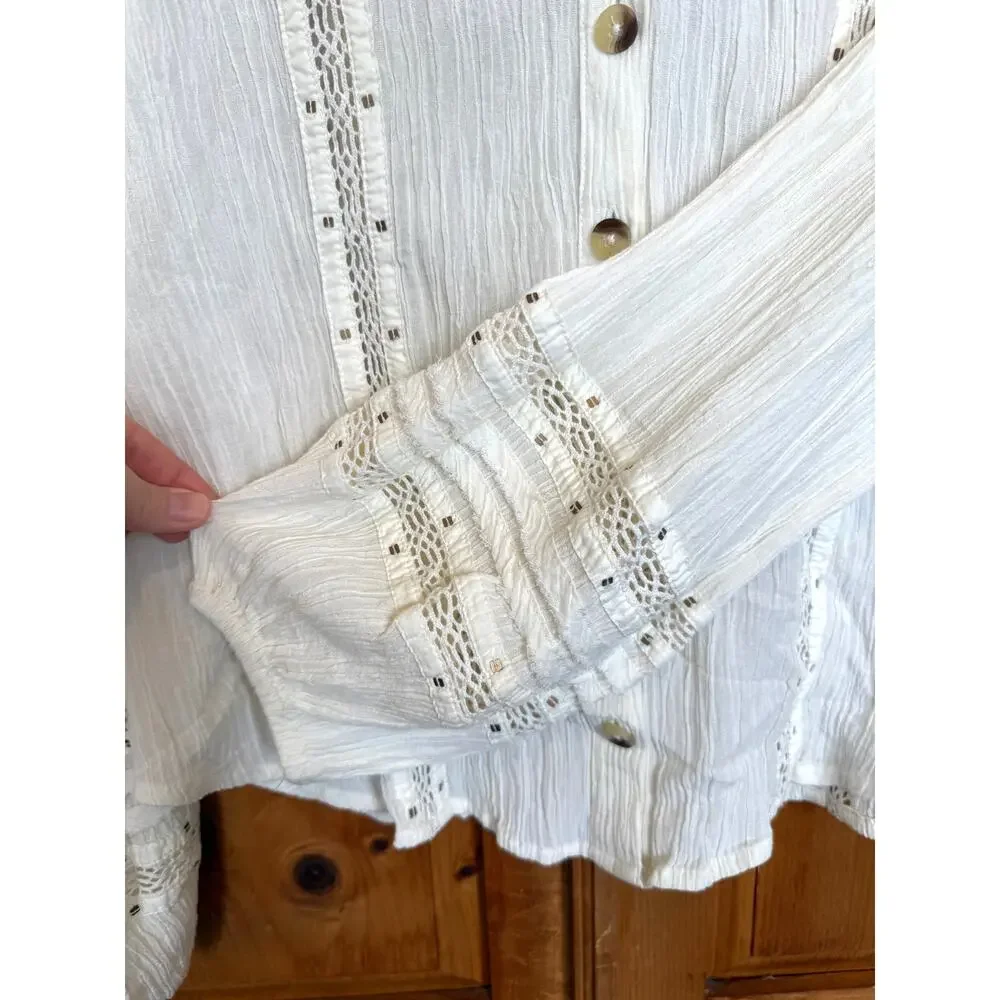 Free People Summer Stars Gauzy Ranch Western Boho Blouse Top, Ivory, Medium